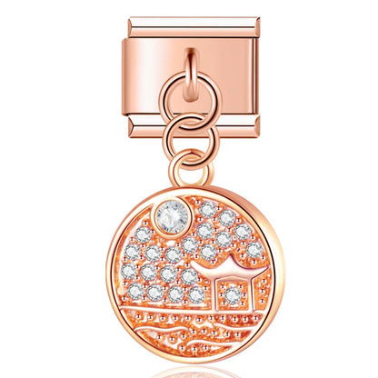 Crescent moon CZ dangle Italian charm close-up — 9mm bracelet, by Charmtastic