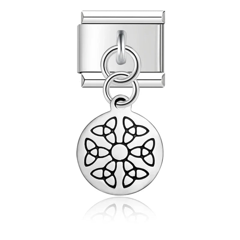 round silver designs charms – silver Celtic knot flower disc charm, Italian charm bracelet charm by Charmtastic
