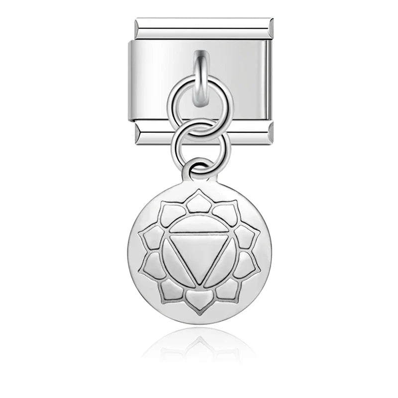round silver designs charms – silver chakra symbol disc charm, Italian charm bracelet charm by Charmtastic