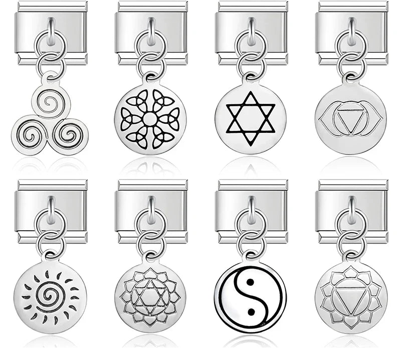 round silver designs charms – silver Italian charm set including chakra symbols, triskelion, celtic knot, Star of David, sun, and yin-yang disc charms, Italian charm bracelet charms by Charmtastic
