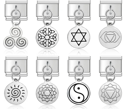 round silver designs charms – silver Italian charm set including chakra symbols, triskelion, celtic knot, Star of David, sun, and yin-yang disc charms, Italian charm bracelet charms by Charmtastic