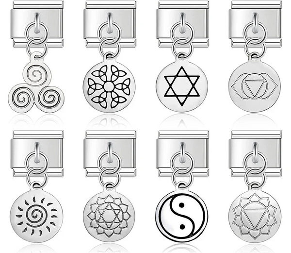 round silver designs charms – silver Italian charm set including chakra symbols, triskelion, celtic knot, Star of David, sun, and yin-yang disc charms, Italian charm bracelet charms by Charmtastic