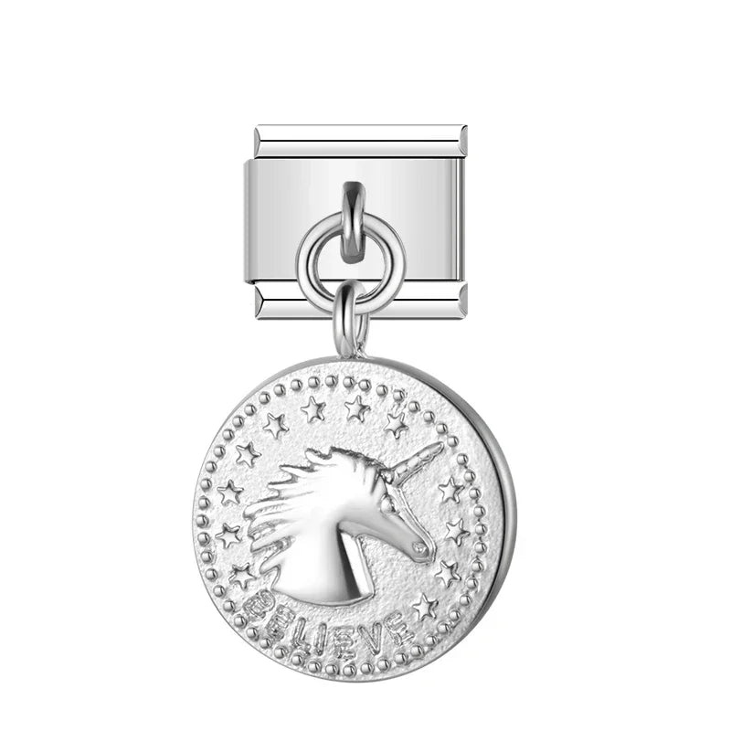 Round Silver Styles Unicorn Cake Love Graduation – Believe unicorn coin charm, Italian charm bracelet charm by Charmtastic