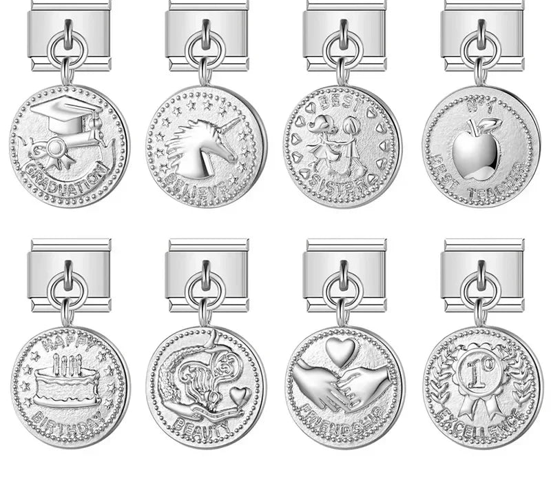 Round Silver Styles Unicorn Cake Love Graduation – engraved coin charms (Graduation, Believe, Best Sister, Best Teacher, Happy Birthday, Beauty, Friendship, Excellence), Italian charm bracelet charms by Charmtastic