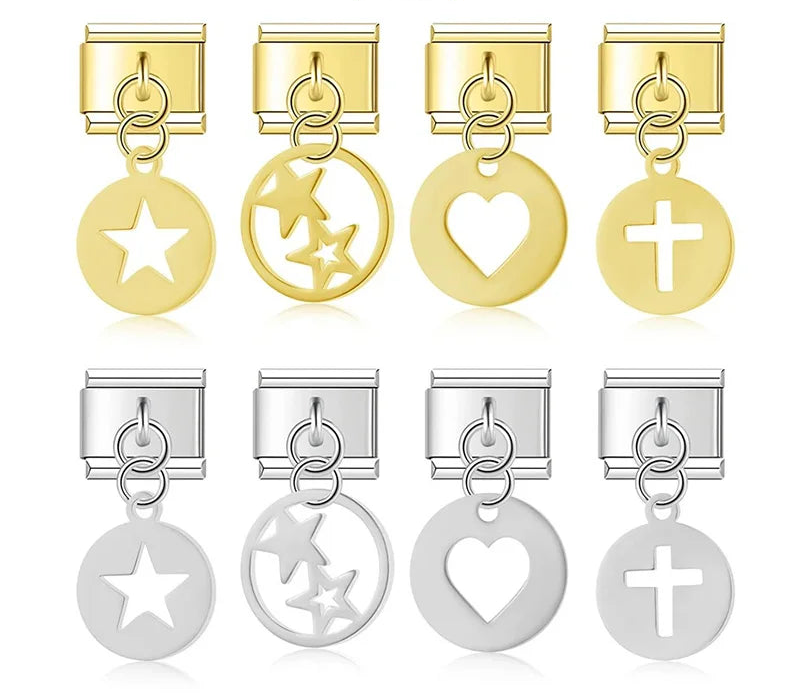 Cross, star, heart and moon cutout Italian charms in silver and gold, by Charmtastic