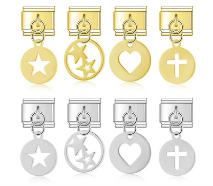 Cross, star, heart and moon cutout Italian charms in silver and gold, by Charmtastic