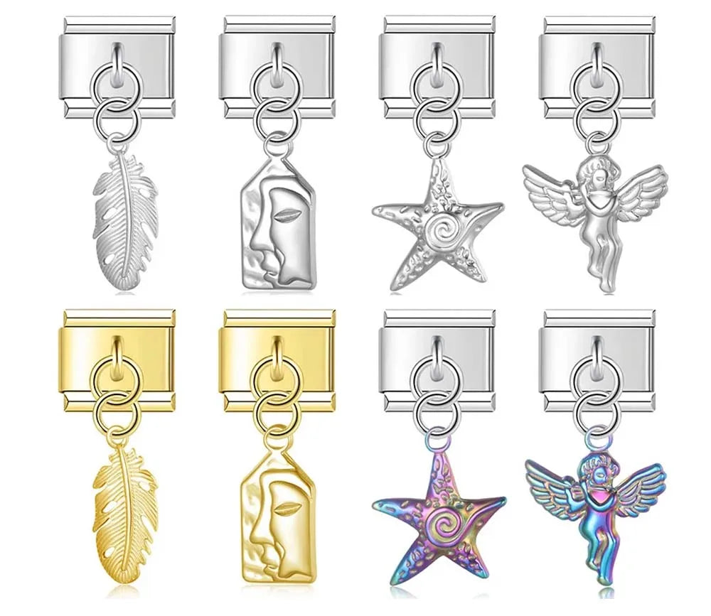 Set of charms with various designs including a feather, face, star, and angel,charmtastic italian charms bracelet 
