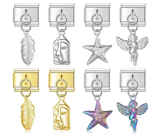 Set of charms with various designs including a feather, face, star, and angel,charmtastic italian charms bracelet 