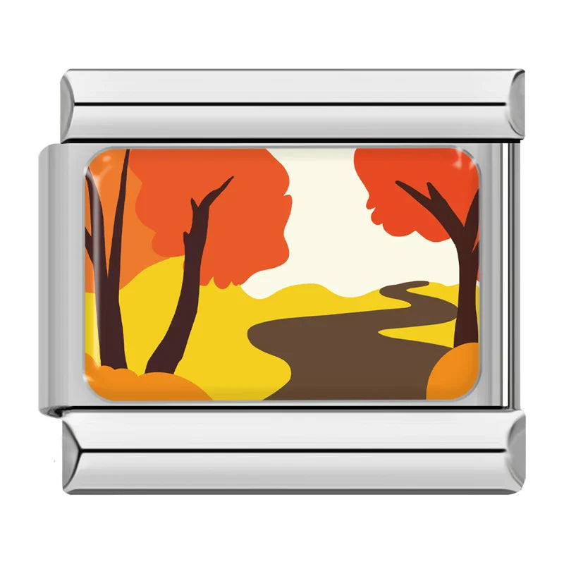 Scenic Landscapes and Nature Animals Italian Charms – autumn forest path with orange trees and golden leaves enamel charm, Italian charm bracelet charm by Charmtastic