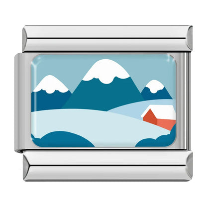 Scenic Landscapes and Nature Animals Italian Charms – snow-capped mountains with a red-roofed cabin enamel charm, Italian charm bracelet charm by Charmtastic