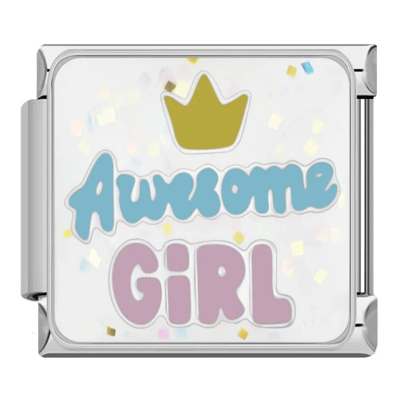 Self-Care & Positive Affirmation Charms – Awesome Girl word enamel charm with gold crown, Italian charm bracelet charm by Charmtastic