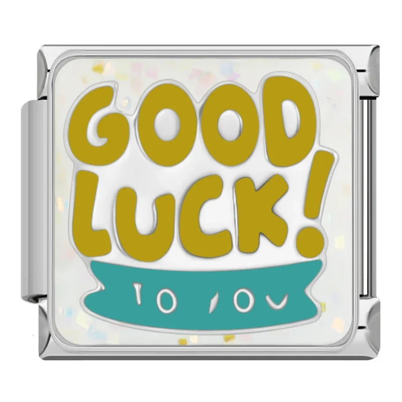 Self-Care & Positive Affirmation Charms – Good Luck to You gold word enamel charm with teal banner, Italian charm bracelet charm by Charmtastic