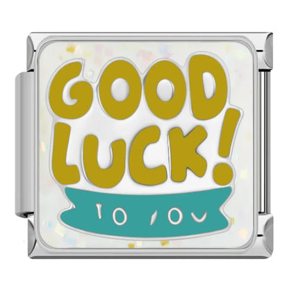 Self-Care & Positive Affirmation Charms – Good Luck to You gold word enamel charm with teal banner, Italian charm bracelet charm by Charmtastic