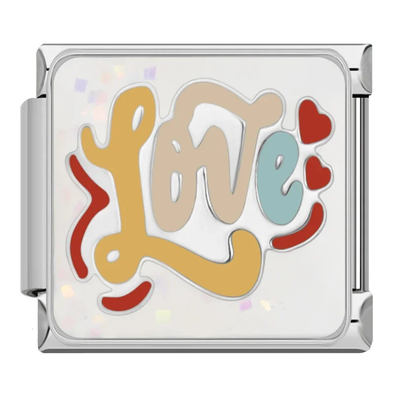 Self-Care & Positive Affirmation Charms – Love script word enamel charm with red hearts, Italian charm bracelet charm by Charmtastic