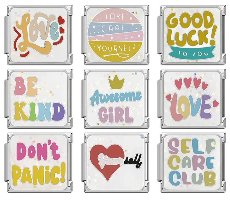 Self-Care & Positive Affirmation Charms – overview of word charms: Love, Take Care of Yourself, Good Luck, Be Kind, Awesome Girl, Don't Panic and Self Care Club, Italian charm bracelet charms by Charmtastic