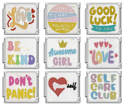 Self-Care & Positive Affirmation Charms – overview of word charms: Love, Take Care of Yourself, Good Luck, Be Kind, Awesome Girl, Don't Panic and Self Care Club, Italian charm bracelet charms by Charmtastic