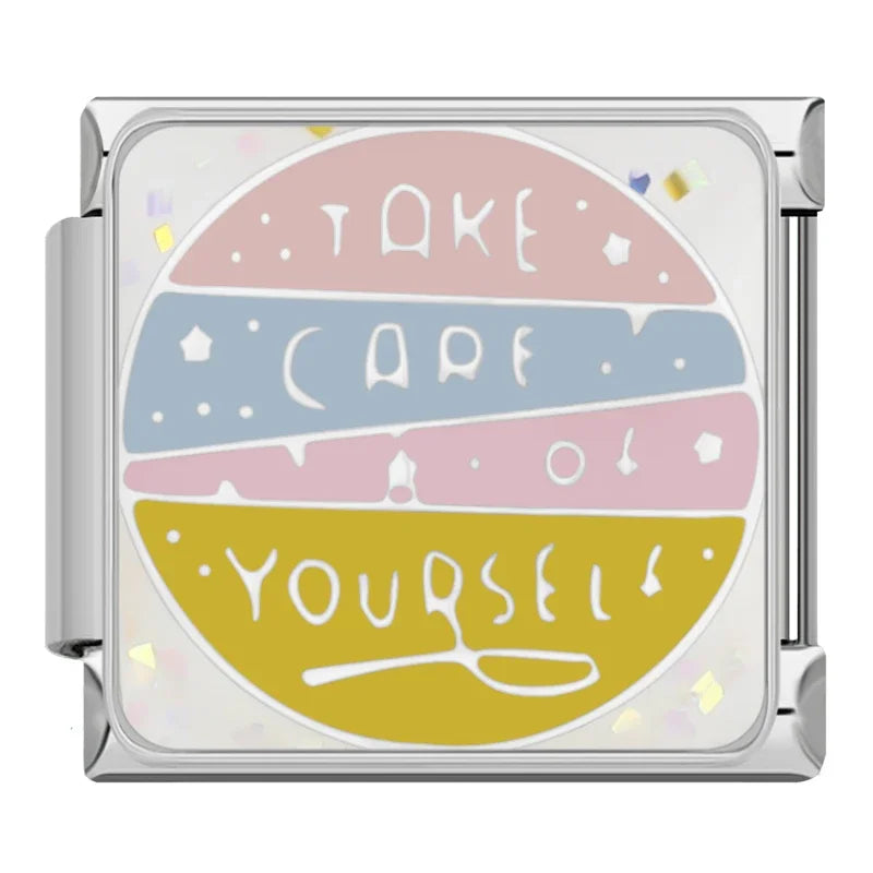 Self-Care & Positive Affirmation Charms – Take Care of Yourself circular badge enamel charm, Italian charm bracelet charm by Charmtastic