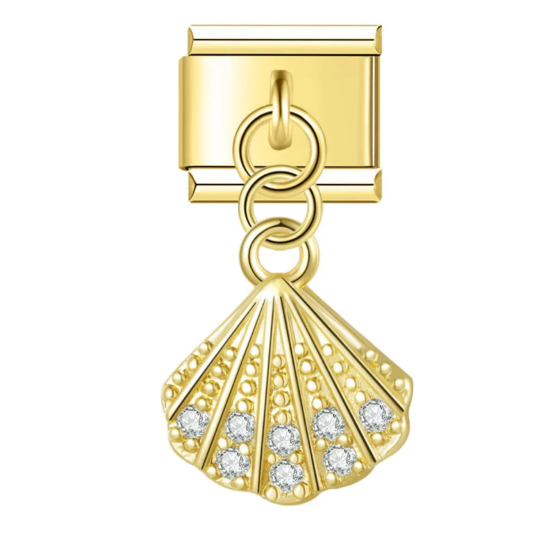 Gold seashell CZ dangle Italian charm, by Charmtastic