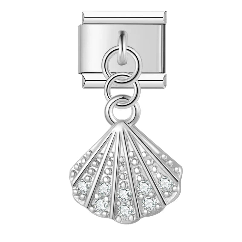 Silver seashell CZ dangle Italian charm, by Charmtastic