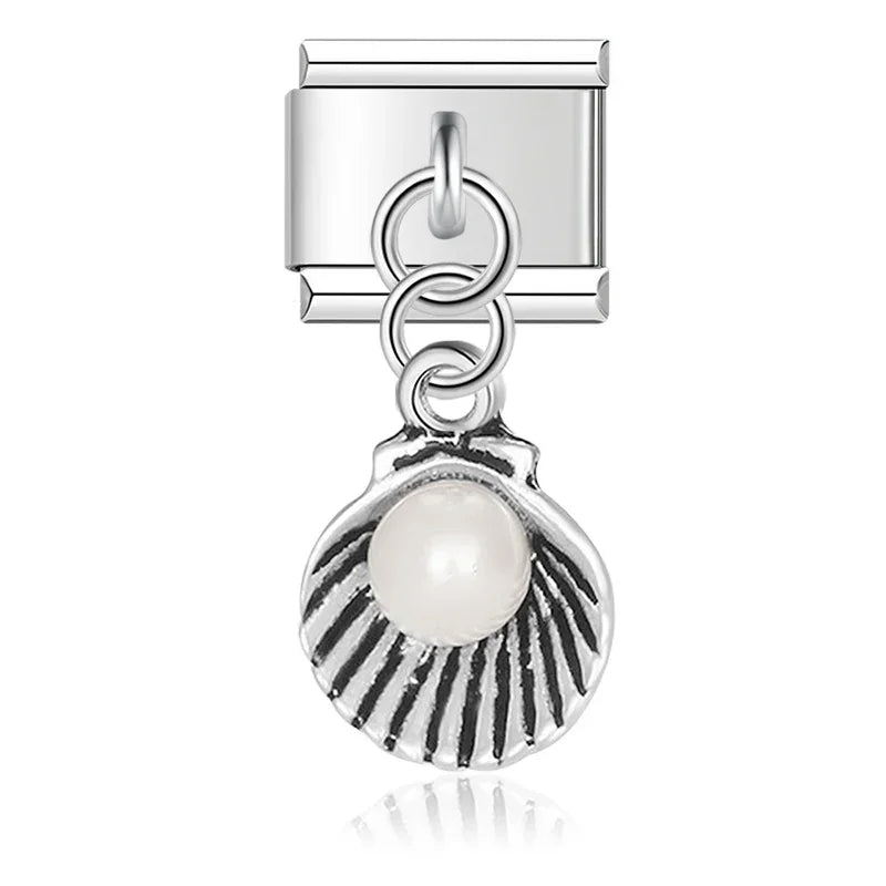 Heart Eye Shell Dinosaur Charm – shell charm with pearl in silver, Italian charm bracelet charm by Charmtastic