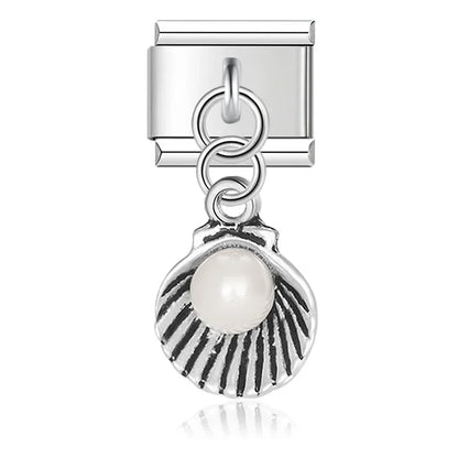 Heart Eye Shell Dinosaur Charm – shell charm with pearl in silver, Italian charm bracelet charm by Charmtastic