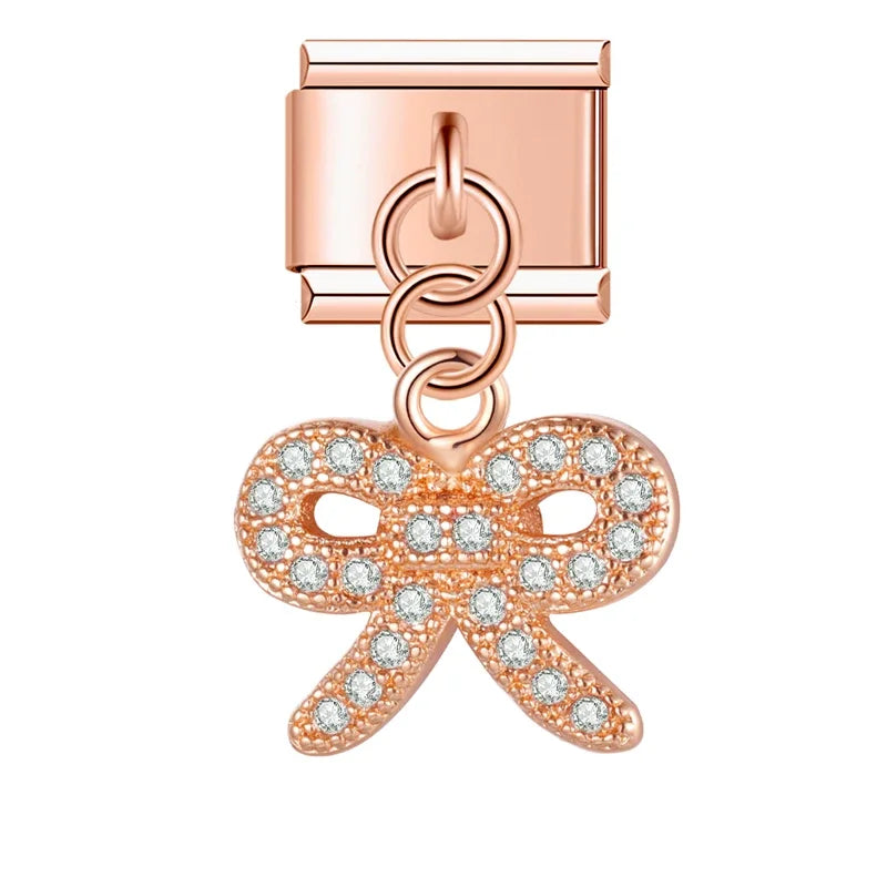 Shiny Rose Gold Charms Flower Bowknot Crown Moon – bowknot cz charm in rose gold, Italian charm bracelet charm by Charmtastic