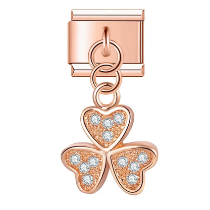 Shiny Rose Gold Charms Flower Bowknot Crown Moon – three-leaf clover cz charm in rose gold, Italian charm bracelet charm by Charmtastic
