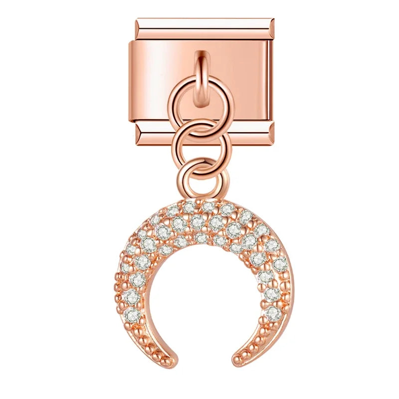 Shiny Rose Gold Charms Flower Bowknot Crown Moon – crescent moon cz charm in rose gold, Italian charm bracelet charm by Charmtastic