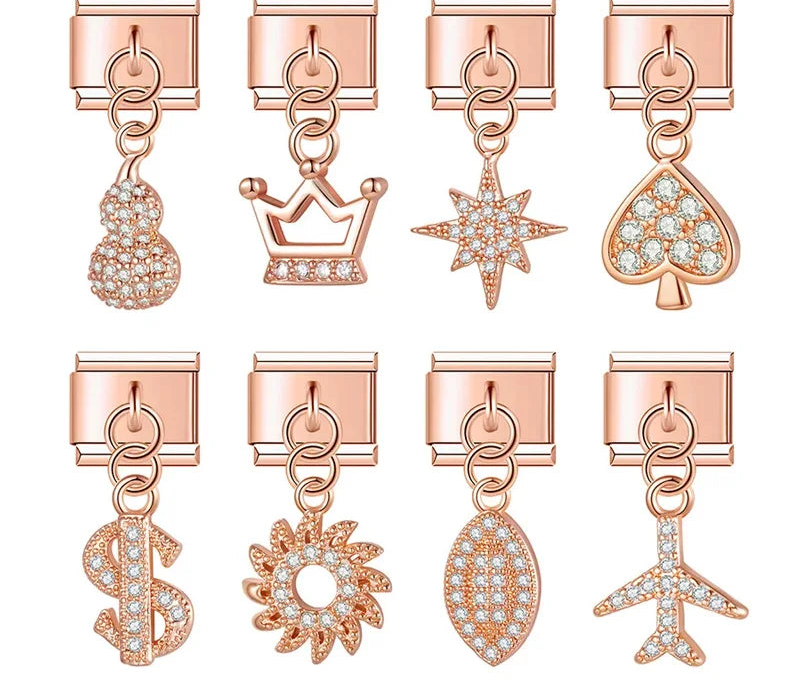 Shiny Rose Gold Charms Flower Bowknot Crown Moon – gourd, crown, star, spade, dollar sign, sun, leaf, and airplane cz charms in rose gold, Italian charm bracelet charms by Charmtastic