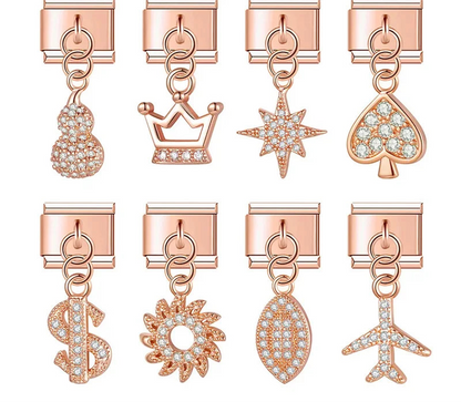 Shiny Rose Gold Charms Flower Bowknot Crown Moon – gourd, crown, star, spade, dollar sign, sun, leaf, and airplane cz charms in rose gold, Italian charm bracelet charms by Charmtastic