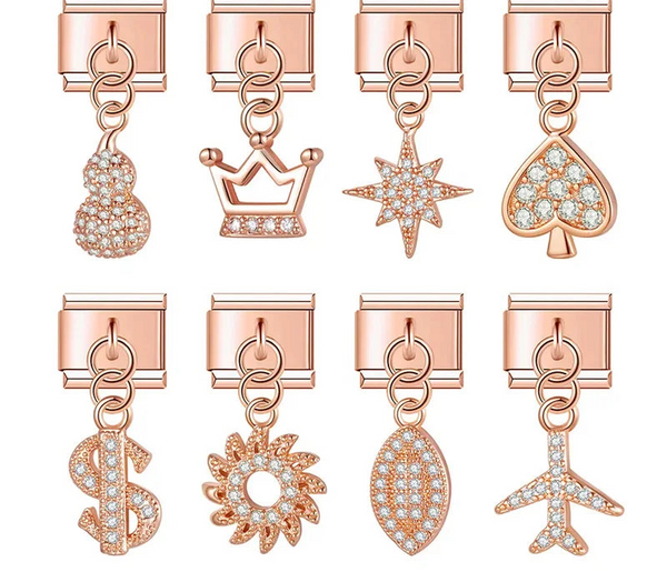Shiny Rose Gold Charms Flower Bowknot Crown Moon – gourd, crown, star, spade, dollar sign, sun, leaf, and airplane cz charms in rose gold, Italian charm bracelet charms by Charmtastic