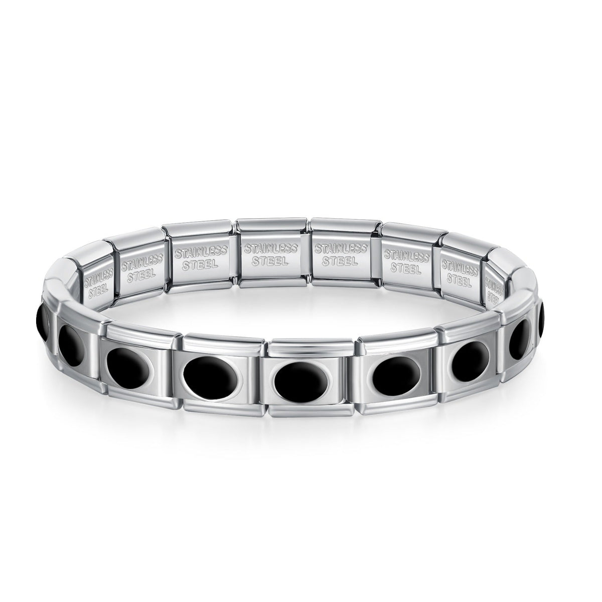 Silver charms bracelet with Black designs – second view of black enamel oval dot Italian charm bracelet, by Charmtastic