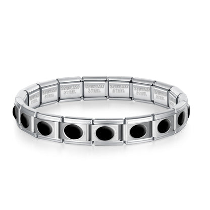 Silver charms bracelet with Black designs – black enamel oval dot Italian charm bracelet, by Charmtastic