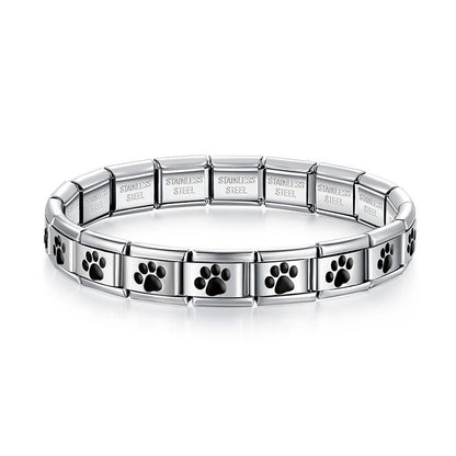 Silver charms bracelet with Black designs – black enamel paw print Italian charm bracelet, by Charmtastic