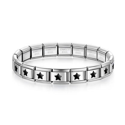 Silver charms bracelet with Black designs – second view of black enamel star cutout Italian charm bracelet, by Charmtastic