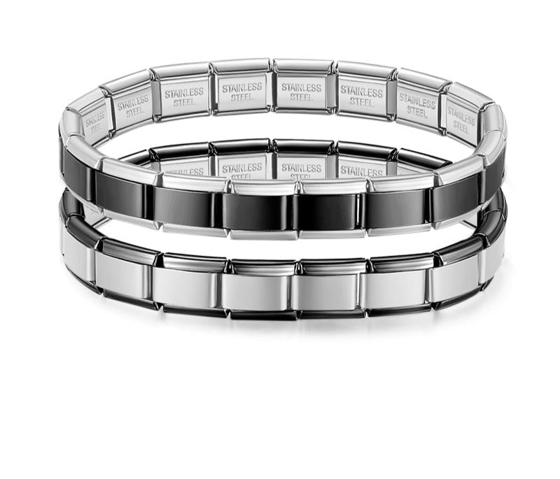 Silver With Black Charms Bracelet – stacked black and silver two-tone Italian charm bracelets, by Charmtastic