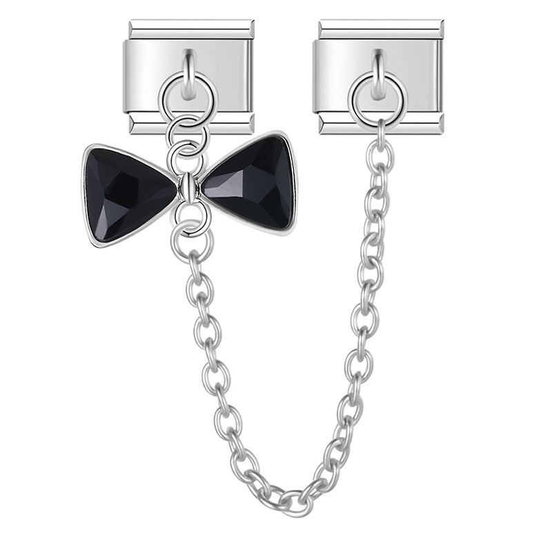 Silver black crystal bow safety chain Italian charm, by Charmtastic