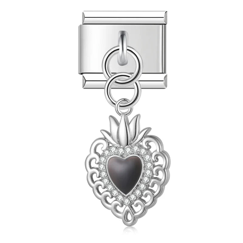 Silver black enamel sacred heart dangle Italian charm, by Charmtastic