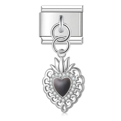 Silver black enamel sacred heart dangle Italian charm, by Charmtastic