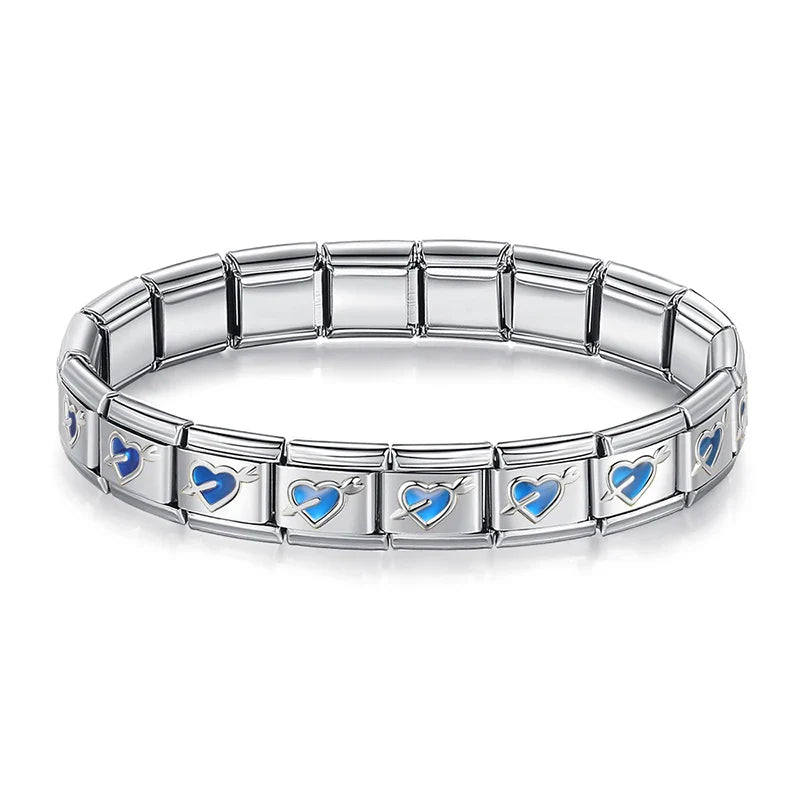 Silver charms bracelets with Blue designs Heart Round Star – blue heart and arrow pattern Italian charm bracelet, by Charmtastic