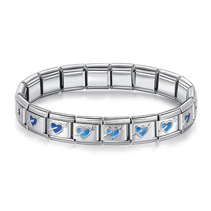 Silver charms bracelets with Blue designs Heart Round Star – blue heart and arrow pattern Italian charm bracelet, by Charmtastic
