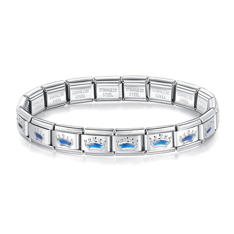 Silver charms bracelets with Blue designs Heart Round Star – blue crown pattern Italian charm bracelet, by Charmtastic