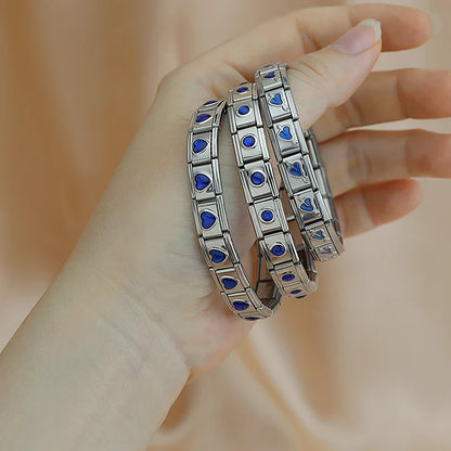 Silver charms bracelets with Blue designs Heart Round Star – blue heart and round stone Italian charm bracelets stacked on hand, by Charmtastic