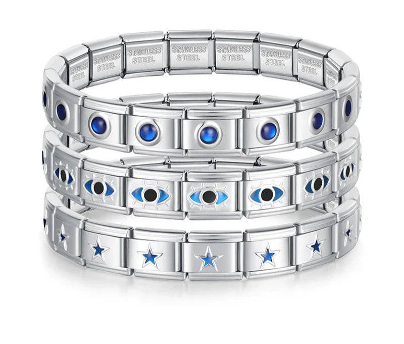 Silver charms bracelets with Blue designs Heart Round Star – stacked set of blue evil eye, round stone, and star Italian charm bracelets, by Charmtastic