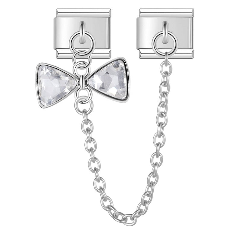 Silver clear crystal bow safety chain Italian charm, by Charmtastic