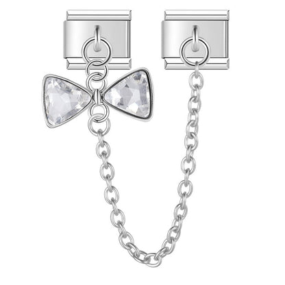 Silver clear crystal bow safety chain Italian charm, by Charmtastic
