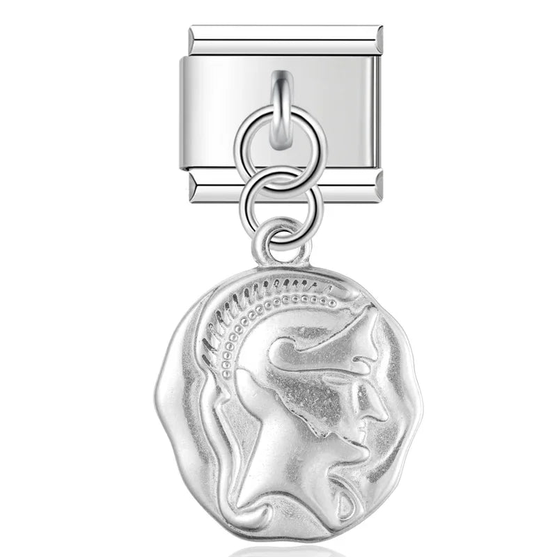 silver dangle charms – ancient coin profile medal dangle charm in silver, Italian charm bracelet charm by Charmtastic