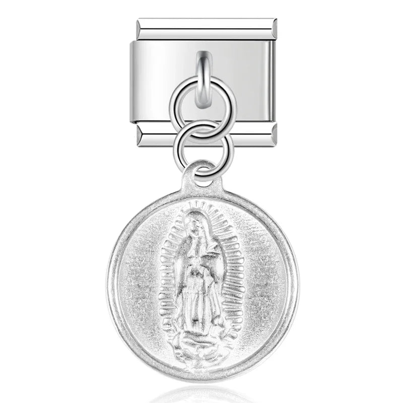 silver dangle charms – Our Lady of Guadalupe medal dangle charm in silver, Italian charm bracelet charm by Charmtastic