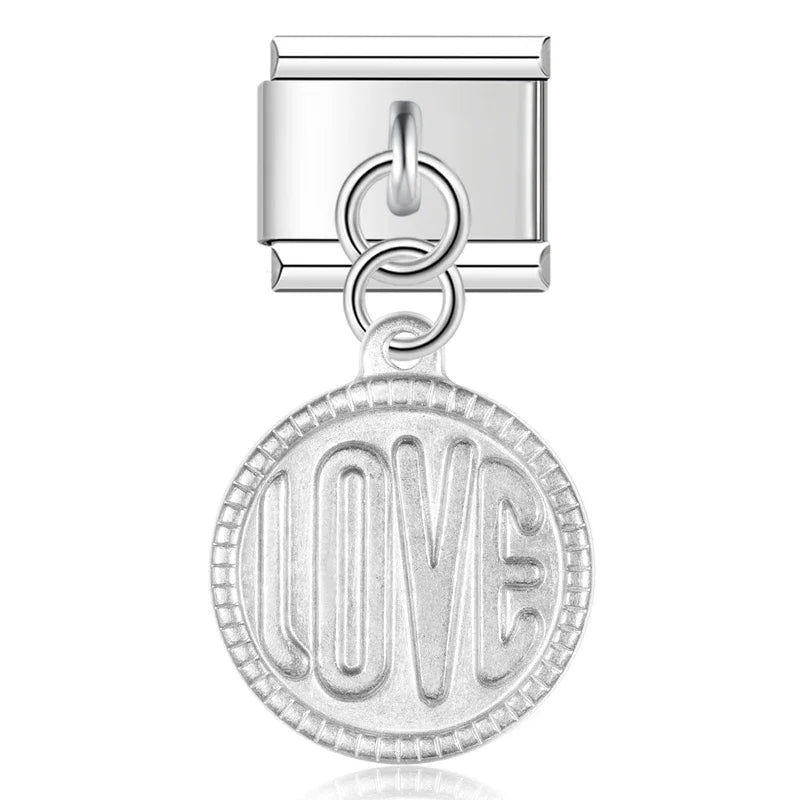 silver dangle charms – LOVE engraved coin medal dangle charm in silver, Italian charm bracelet charm by Charmtastic
