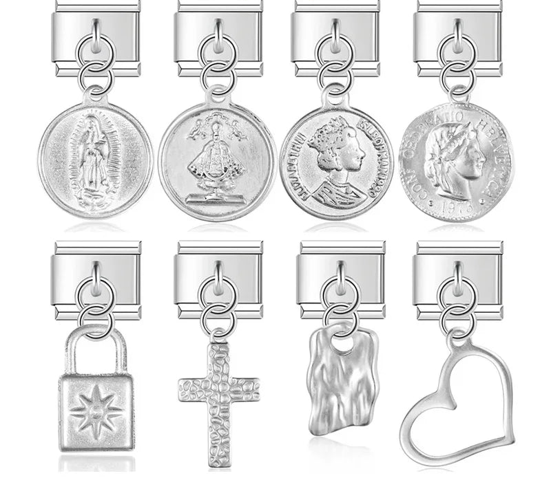 silver dangle charms – Our Lady of Guadalupe medal, Madonna shrine medal, ancient coin medal, padlock, cross, and open heart dangle charms in silver, Italian charm bracelet charms by Charmtastic